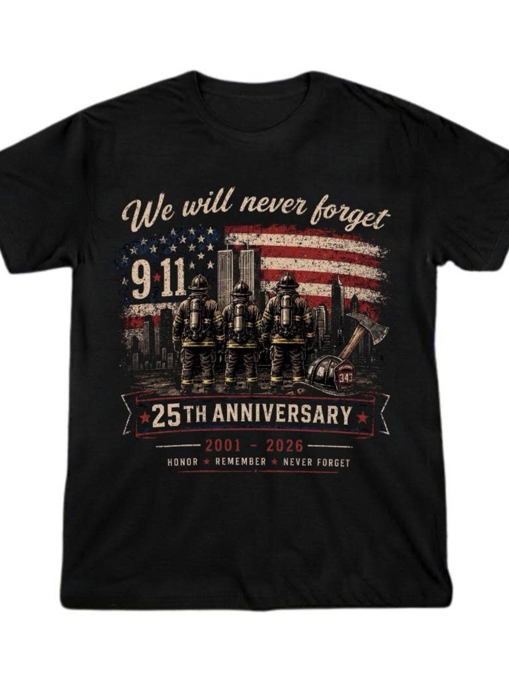 Gildan Black Shirt We Will Never Forget 9/11 25th Anniversary